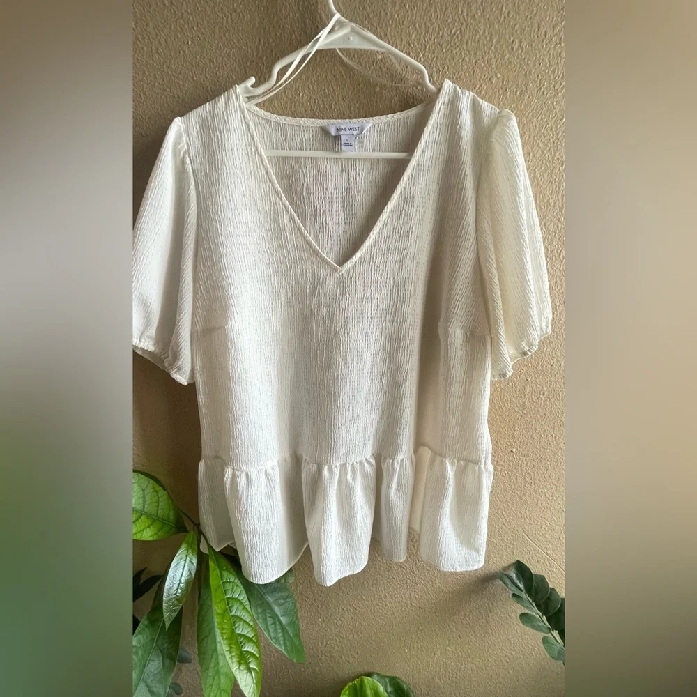 Nine West Cream Textured V-Neck Blouse - Picture 2 of 7